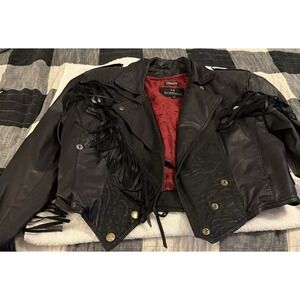 berman's‎ black western biker motorcycle fringe leather jacket size large